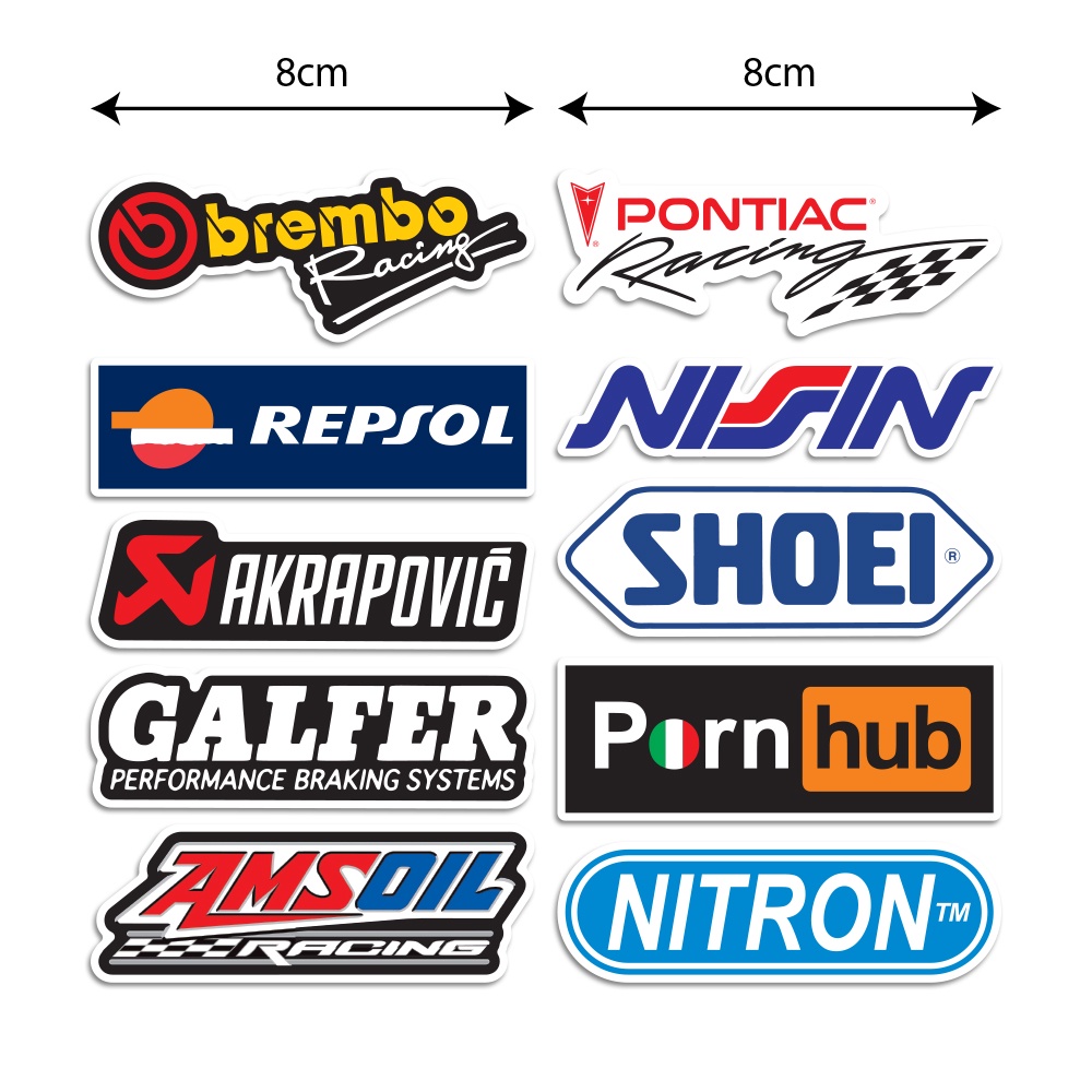 Combo 10 logo tem xe decal sticker trang trí xe máy nón bảo hiểm akrapovic shoei galfer brembo repsol nitron amsoil