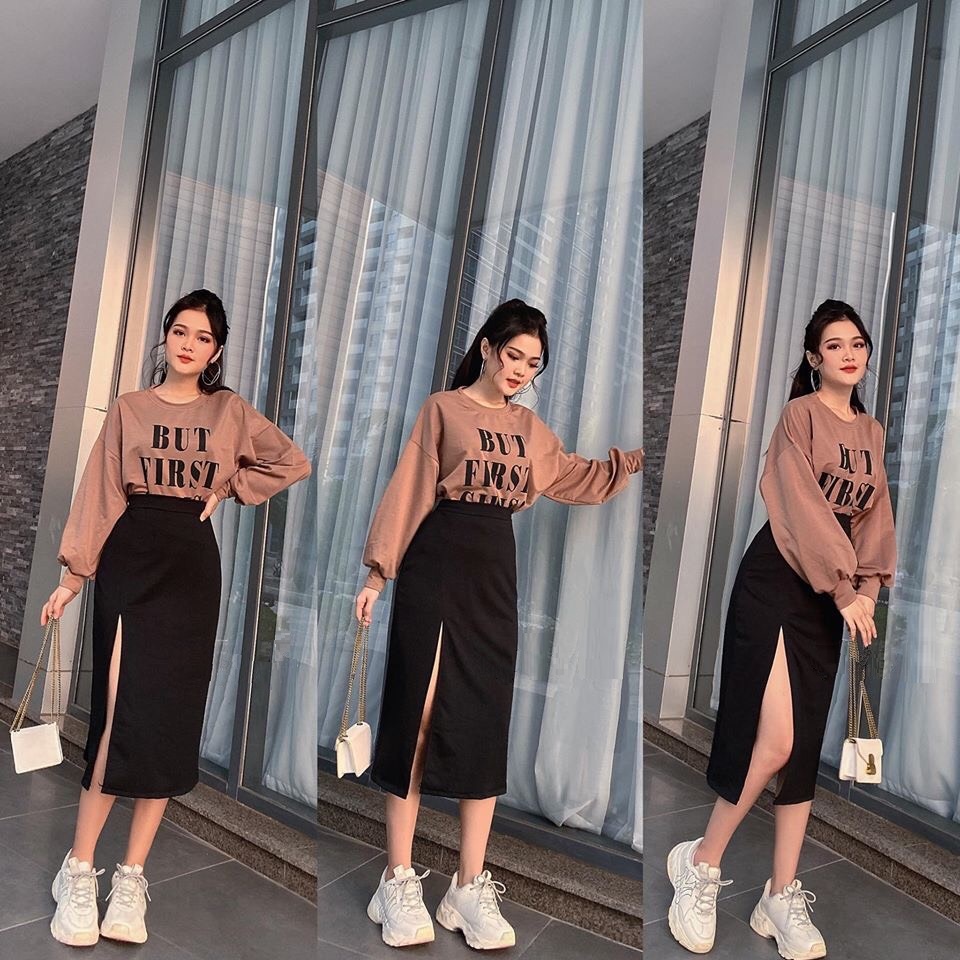 Áo thun croptop in chữ chất  JOY BABE, form siêu rộng tay dài, áo kiểu nữ trắng đen cool, phom to But First CRRD 4 -1E
