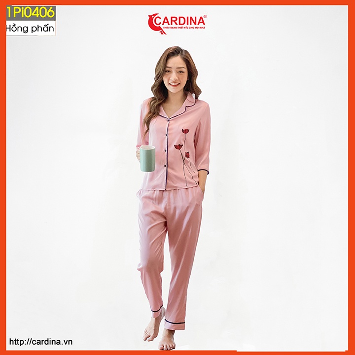 Đồ bộ pijama nữ CARDINA chất lụa satin Nhật cao cấp quần dài áo tay lỡ hoạ tiết hoa tuylip nhẹ nhàng 1Pi04.