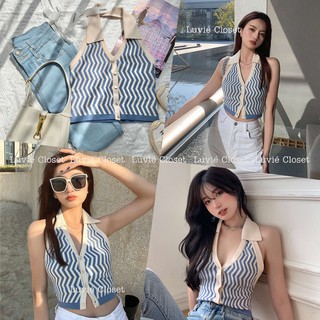 Áo yếm hở lưng sát nách cổ bẻ sọc zic zac kiểu croptop hottrend - Luvie