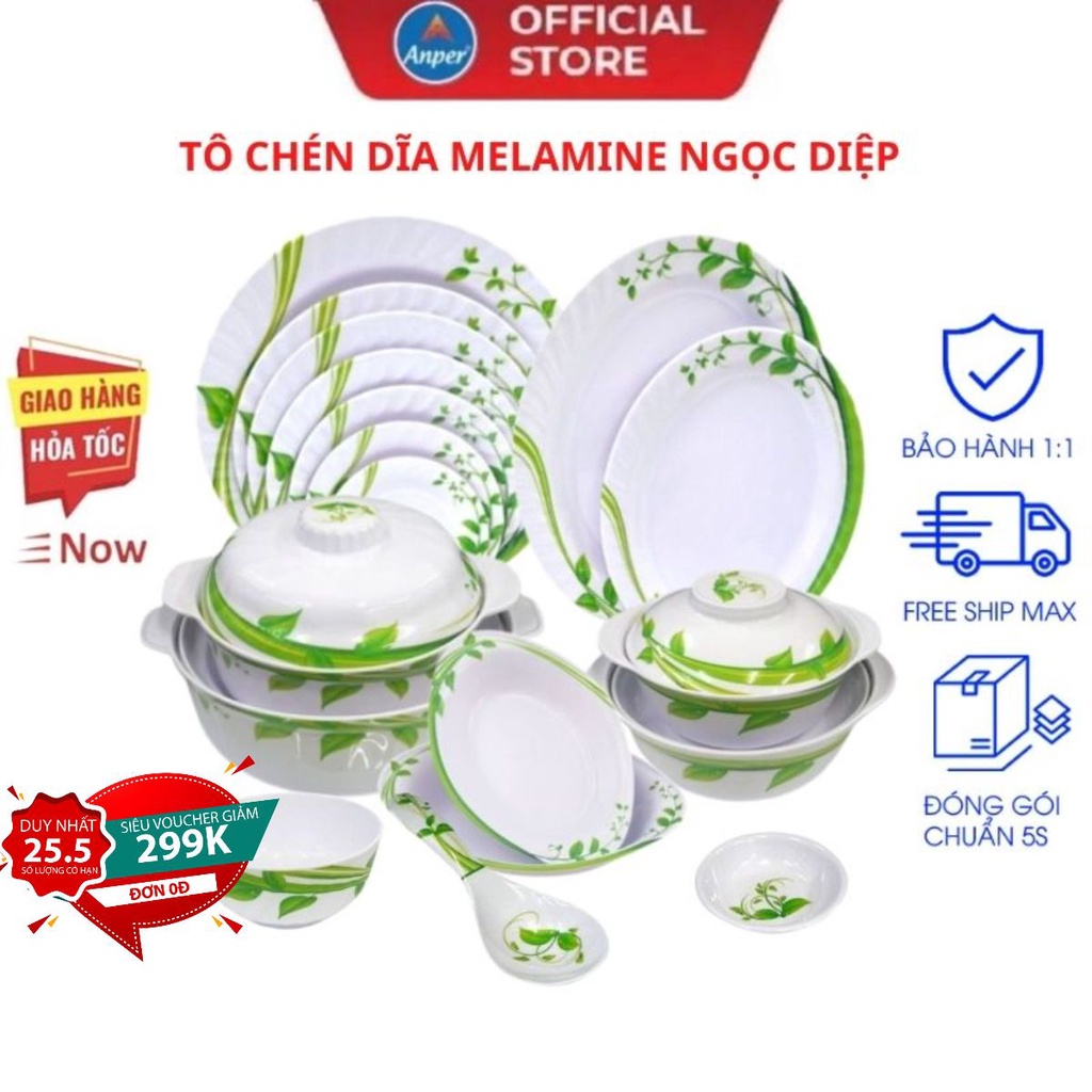 Bộ tô chén bát dĩa nhựa Melamine ANPER hoa Ngọc Diệp sang trọng nhựa cứng nhật hàn cao cấp an toàn với sức khỏe