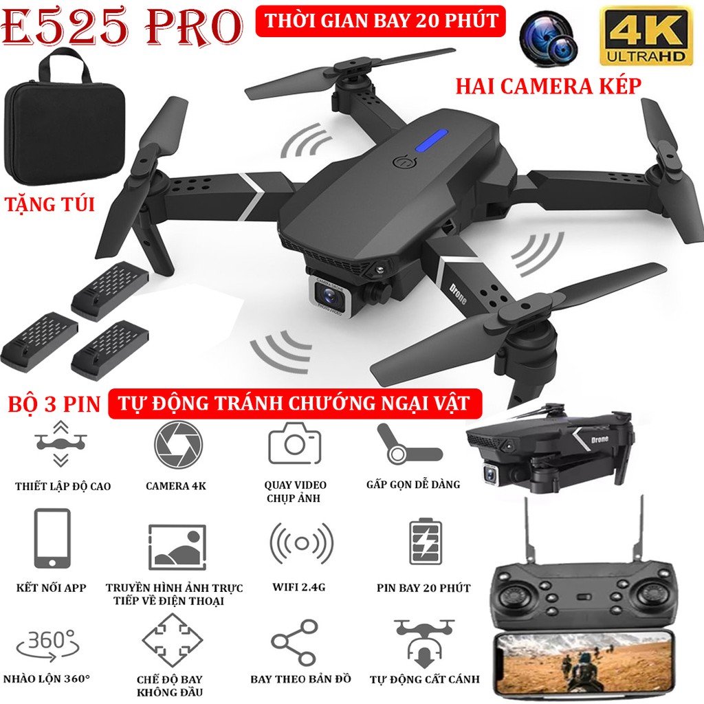 TẶNG TÚI ĐỰNG - Flycam mini 4K, Flycam 4k giá rẻ E525 PRO 4K tích hợp chế độ tự động tránh vật cản, nhào lộn 360