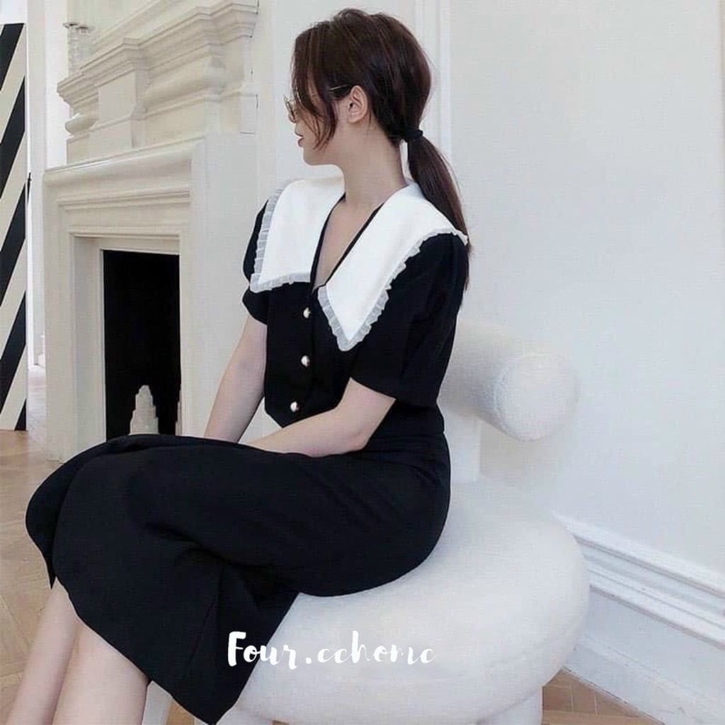 Set áo cổ sen trắng chân váy nút dài đen