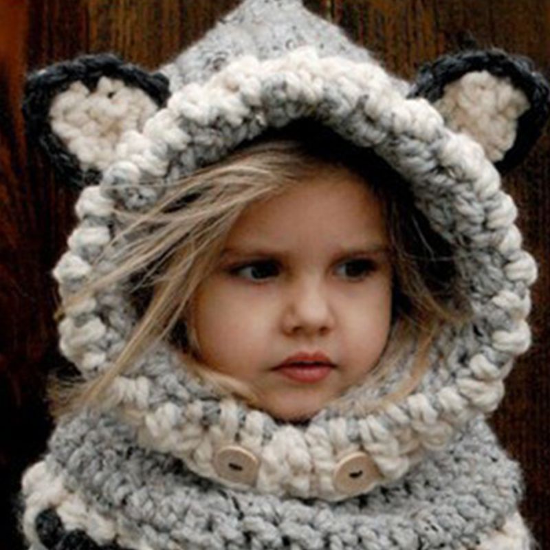 Mũ Dệt Kim Trùm Đầu Kiêm Khăn Choàng Cổ Đan Móc Hình Thú Hoạt Hình Thời Trang Mùa Đông Cho Bé