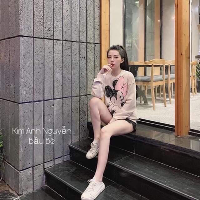 Áo nỉ bông dài tay cổ tròn chuột mickey nơ Hồng BY