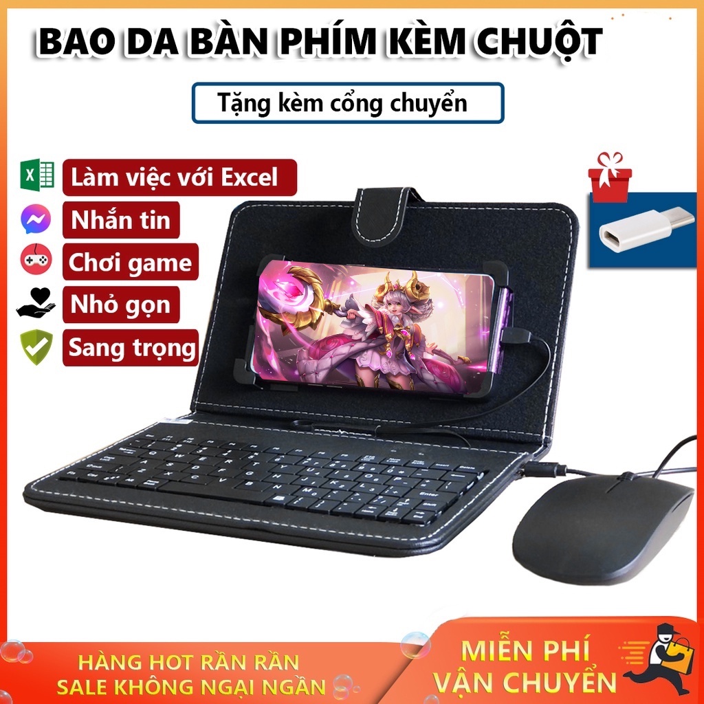 Bàn phím kết nối dây điện thoại,Android, Bao da nắp gập kiêm bàn phím tặng kèm chuột, type C. BH 1 đổi 1.