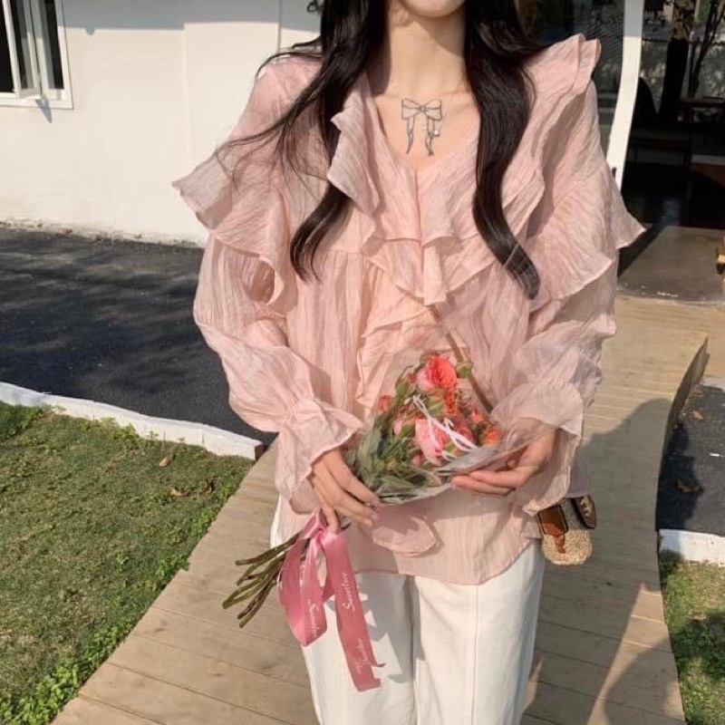 Áo kiểu tay dài nữ cổ v bèo tiểu thư trơn chiffon cát - Order taobao quảng châu