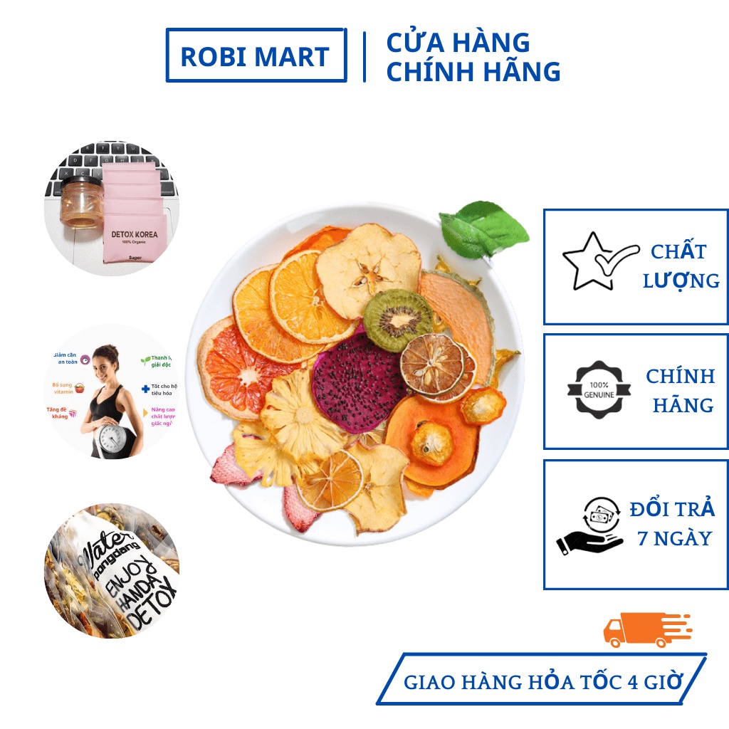 Set 40 gói trà detox hoa quả sấy lạnh giảm cân Robimart- Tặng bình 1000ml, mật ong, đường