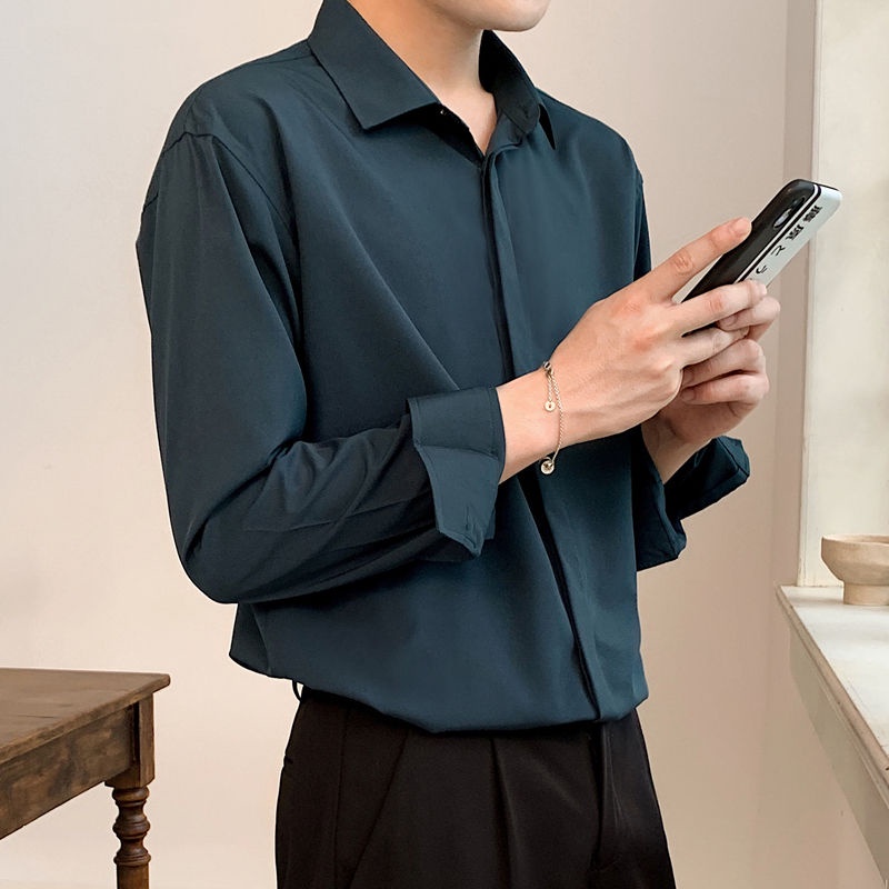 Áo Sơ Mi Tay Dài Dáng Rộng Màu Xám Phong Cách Hàn Quốc Cao Cấp Cho Nam