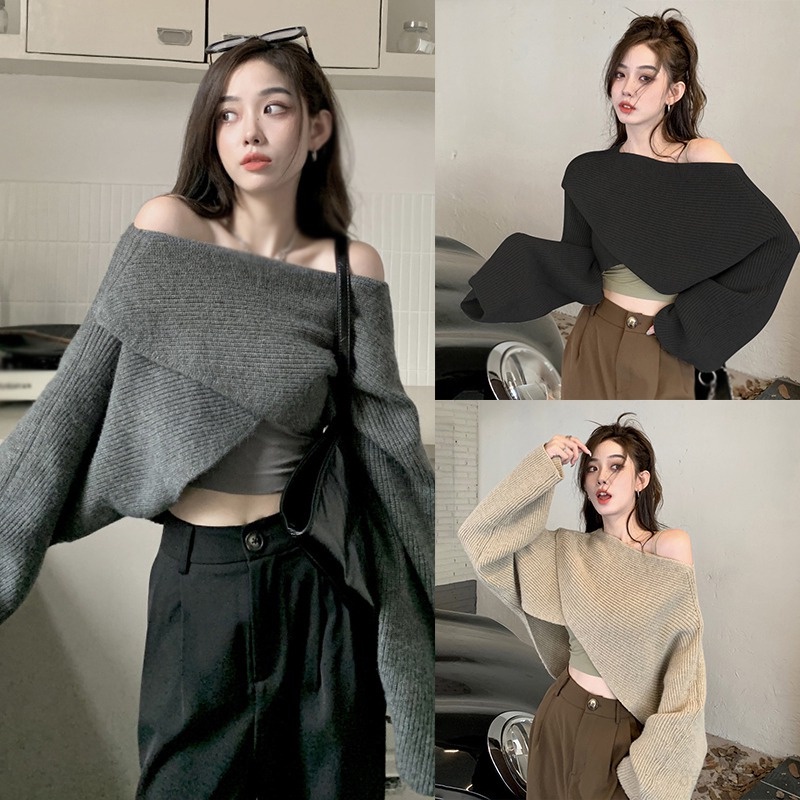 Áo Croptop Dệt Kim Dáng Rộng Phong Cách Hàn Quốc Cho Nữ