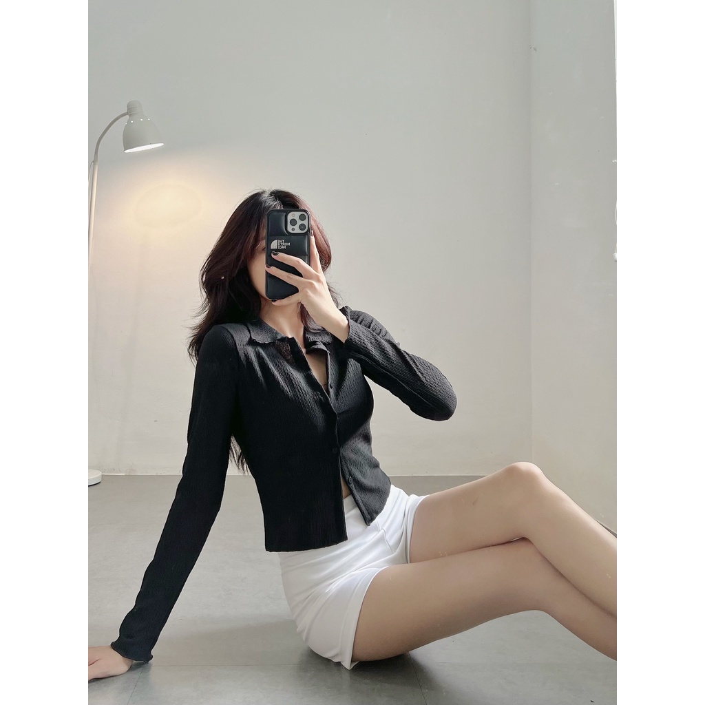 Áo croptop nữ tay dài HHVINTAGE kiểu polo nút cài Top A17
