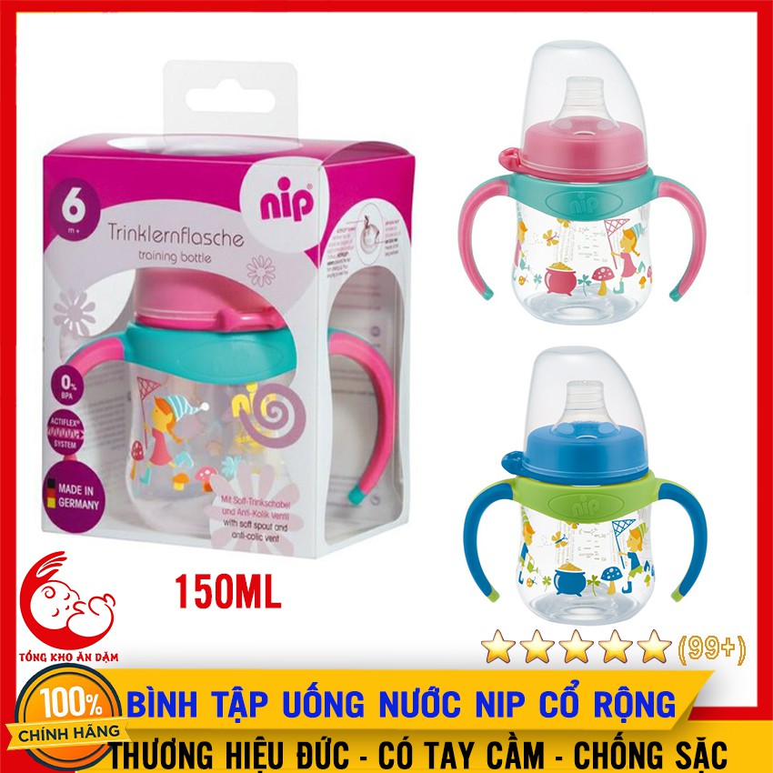 Bình Tập Uống Nip Cổ Rộng 150ml, Có Tay Cầm Và Đầu Hút Silicone Siêu Mềm