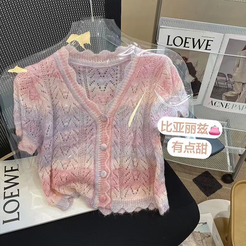 Áo Dệt Kim Tay Ngắn Phối Ren Hoa Thiết Kế Màu Gradient Thanh Lịch  tao bao