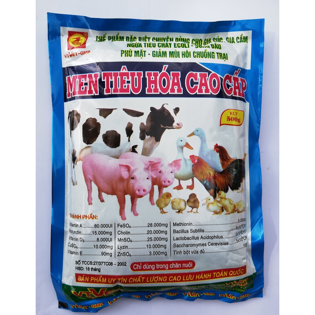 2 gói Men tiêu hóa cao cấp loại 500g  Dùng cho Gia súc, gia cầm, chó, mèo; Tổng = 1kg