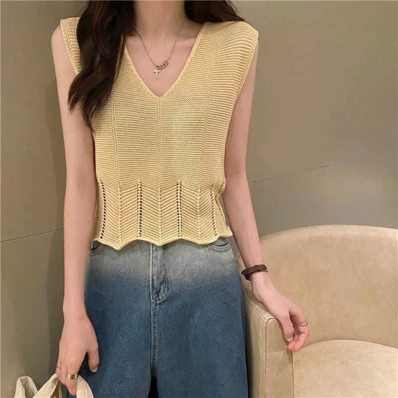 Áo Len Không Tay Màu Sắc Đơn Giản Cho Nữ 164552 Áo Hai Dây Dáng Rộng Cổ Chữ v Thiết Kế Đơn Giản Thời Trang