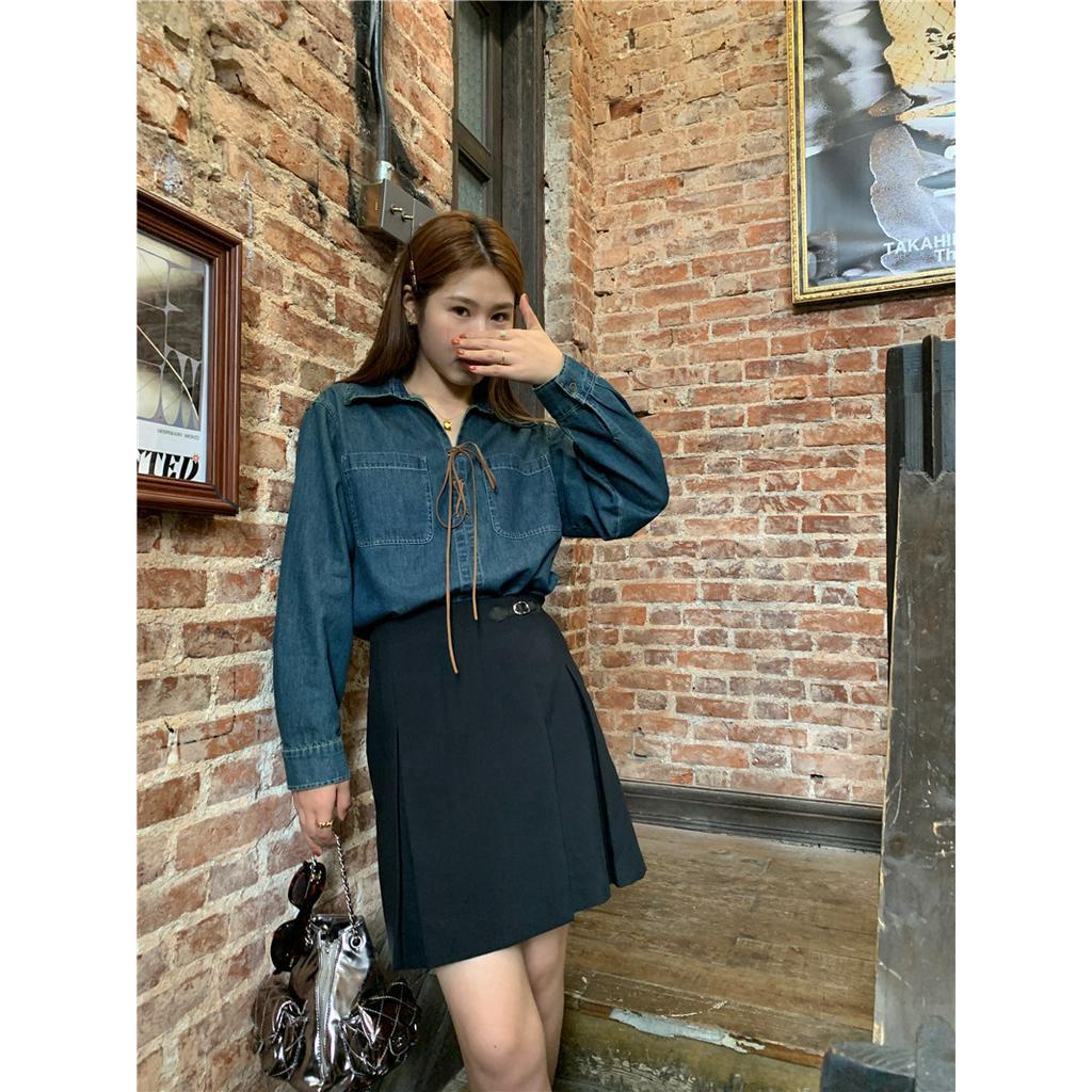 Áo Sơ Mi denim Dài Tay Trơn Màu Cột Dây 67682