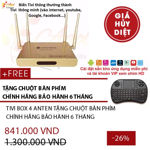 Android Tivi Box 4 anten Chính hãng bảo hành 6 tháng tặng chuột bàn phím và kho ứng dụng miễn phí