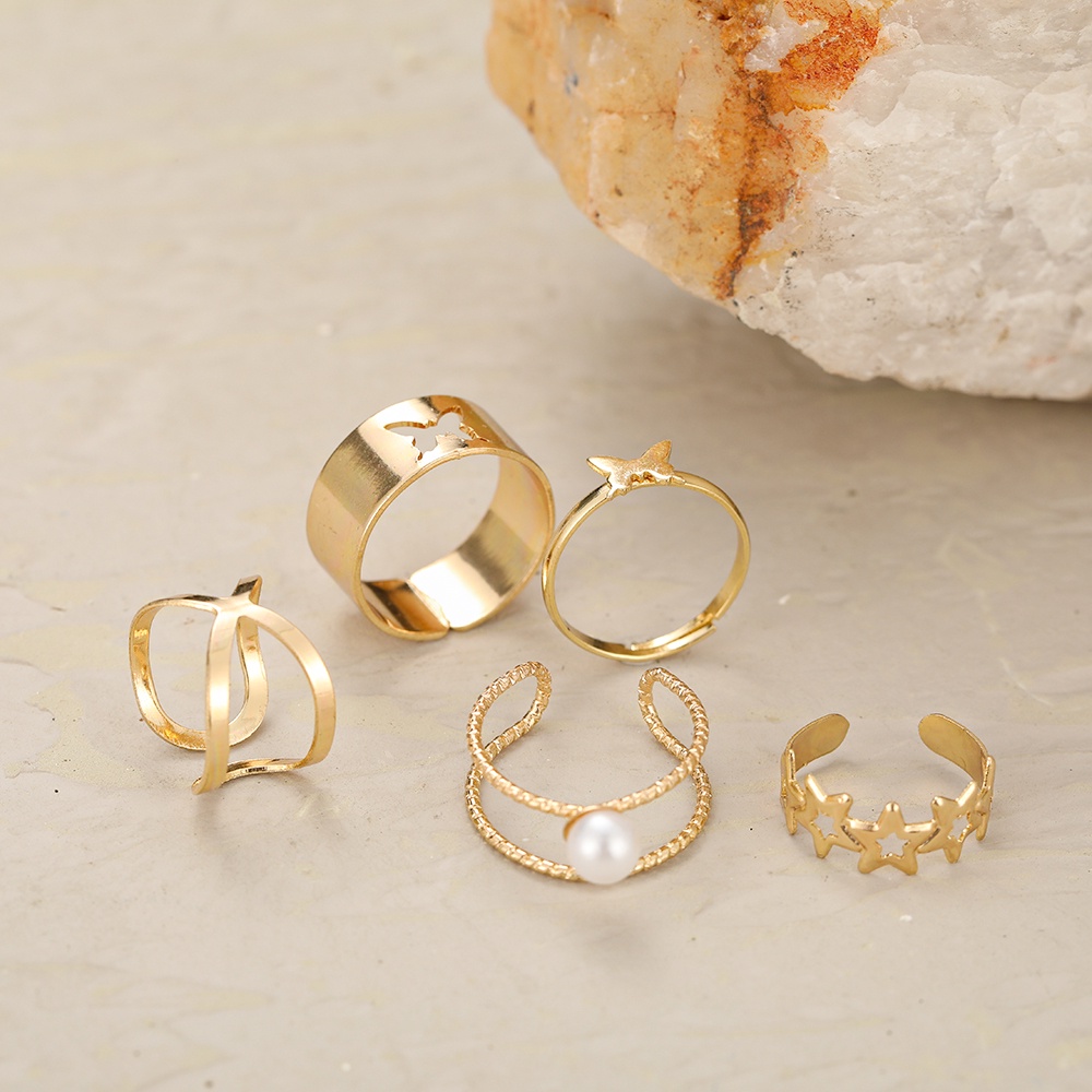 Set 5 nhẫn mạ vàng hình bướm đính ngọc trai nhân tạo thời trang