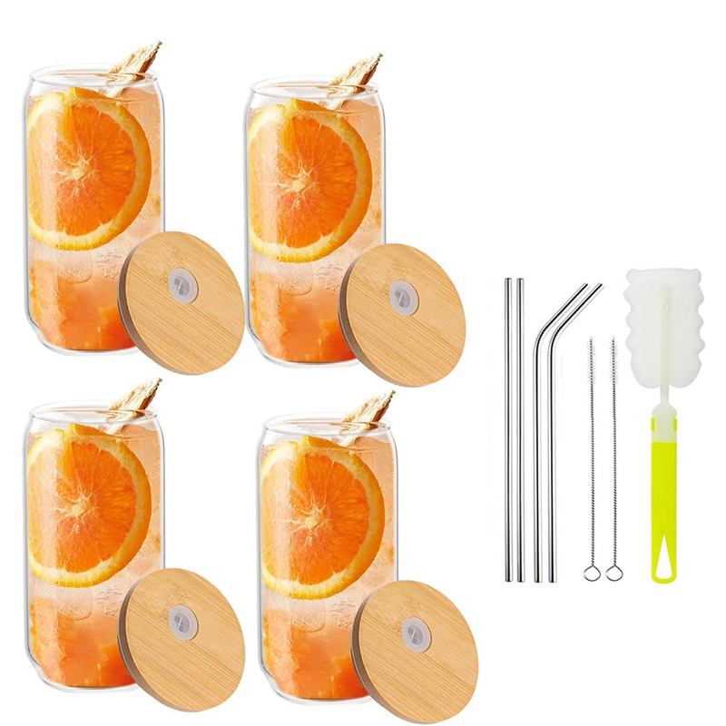 Set 4 Ly Thủy Tinh Uống Bia Rượu Whiskey 16Oz Có Nắp Bằng Tre