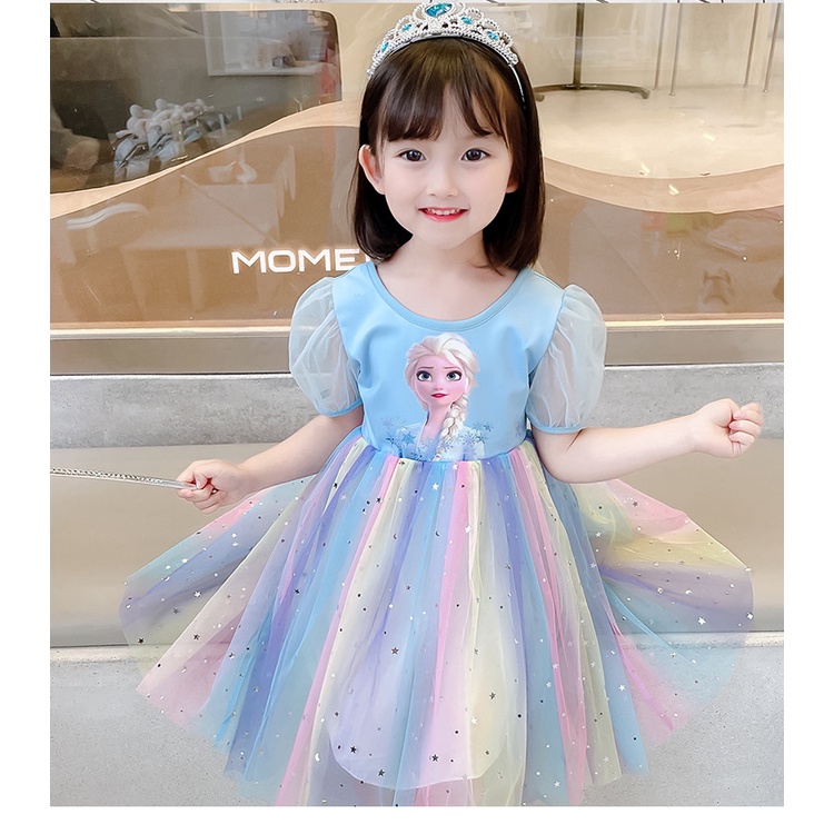 Váy xinh bé gái 1-8 tuổi đầm công chúa thời trang ngắn tay cầu vồng vải tuyn Frozen Elsa mùa hè cho bé trẻ em