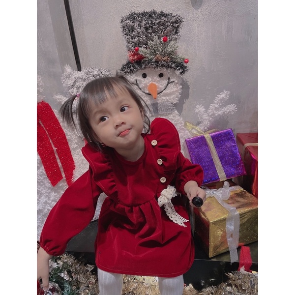 Hàng Thiết Kế- Ảnh con gái shop - Váy nhung đỏ diện Tết - Noel cho bé gái 6m - 7 tuổi