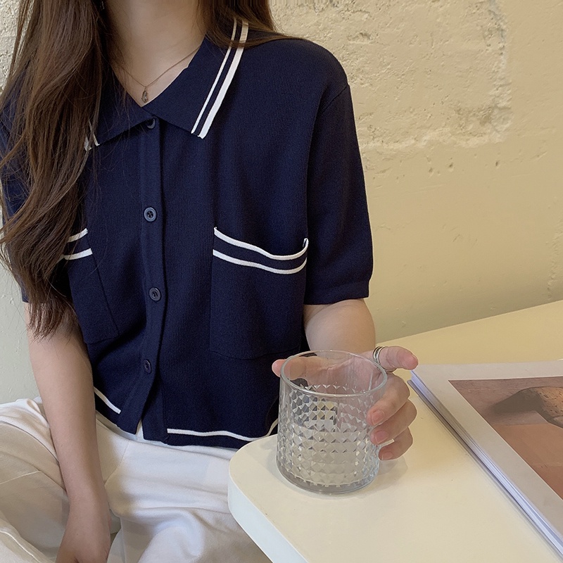 Áo croptop XIAOZHAINV vải dệt kim tay ngắn cổ polo phong cách retro Hàn Quốc thời trang cho nữ có 3 màu sắc lựa chọn