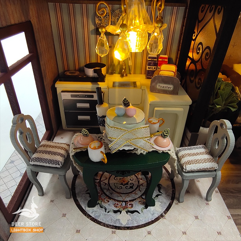 Nhà búp bê tự làm bằng gỗ Kiểu cổ điển Bungalow Retro. Tặng 3 Bình keo dán, Dụng Cụ và Đèn Led. Quà tặng ý nghĩa M2132