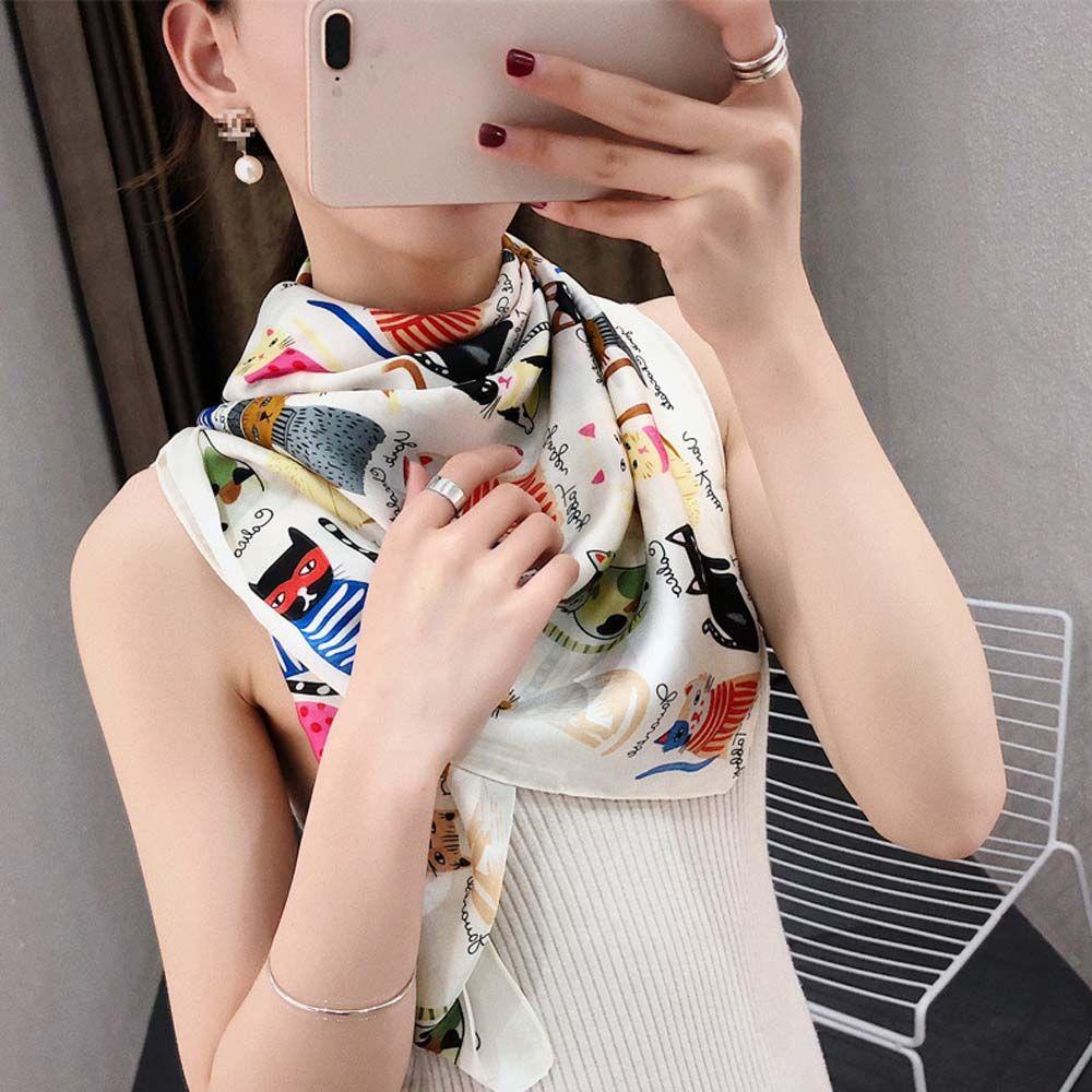 Khăn Choàng Cổ Hình Vuông In Họa Tiết Mèo Thời Trang Mùa Hè Cho Nữ