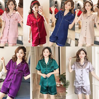 Bộ đồ ngủ vải lụa satin ngắn tay thời trang dành cho nữ