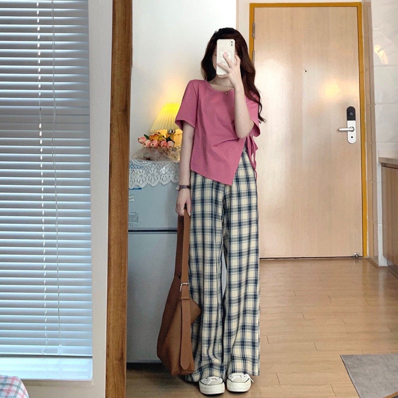 [Spot] Set Áo + Quần Ống Rộng Màu Trơn Cột Dây Thời Trang retro Phiên Bản Hàn Quốc