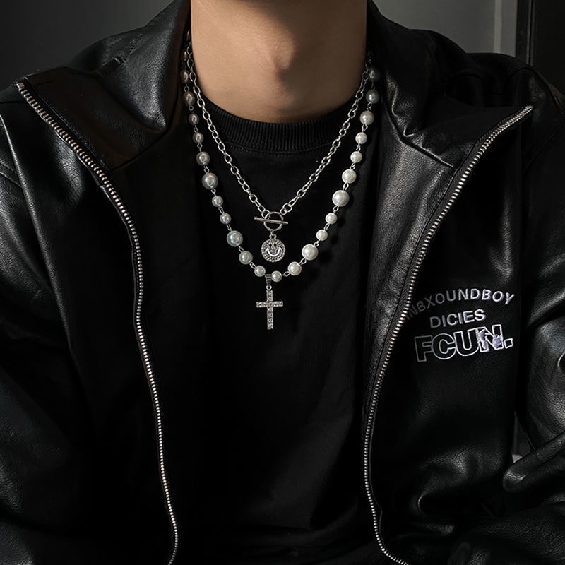 Vòng cổ Chuỗi Hạt Ngọc Trai Mặt Thánh Giá Và Mặt Cười Phong Cách Hip Hop Cho Nam Và Nữ