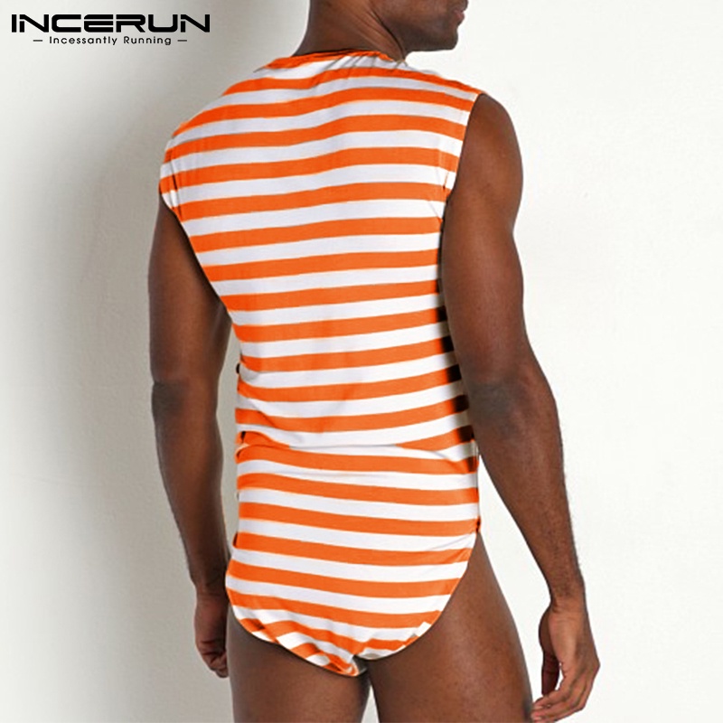 Áo liền quần INCERUN sát nách cổ tròn kẻ sọc xẻ tà bên hông gợi cảm cho nam