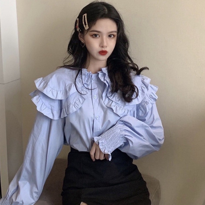 Áo Sơmi Cổ Bèo Tay Phồng Tiểu Thư Tay Bo Chun Áo Kiểu Nữ Trắng Siêu cute ulzzang cánh tiên mầu trắng | BigBuy360 - bigbuy360.vn