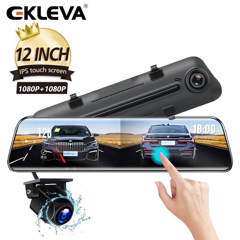 EKLEVA 12 Inch Stream Media Mirror Camera Ô Tô Ống Kính Kép FHD 1080P DVR Xe Ô Tô Camera Chiếu Hậu G
