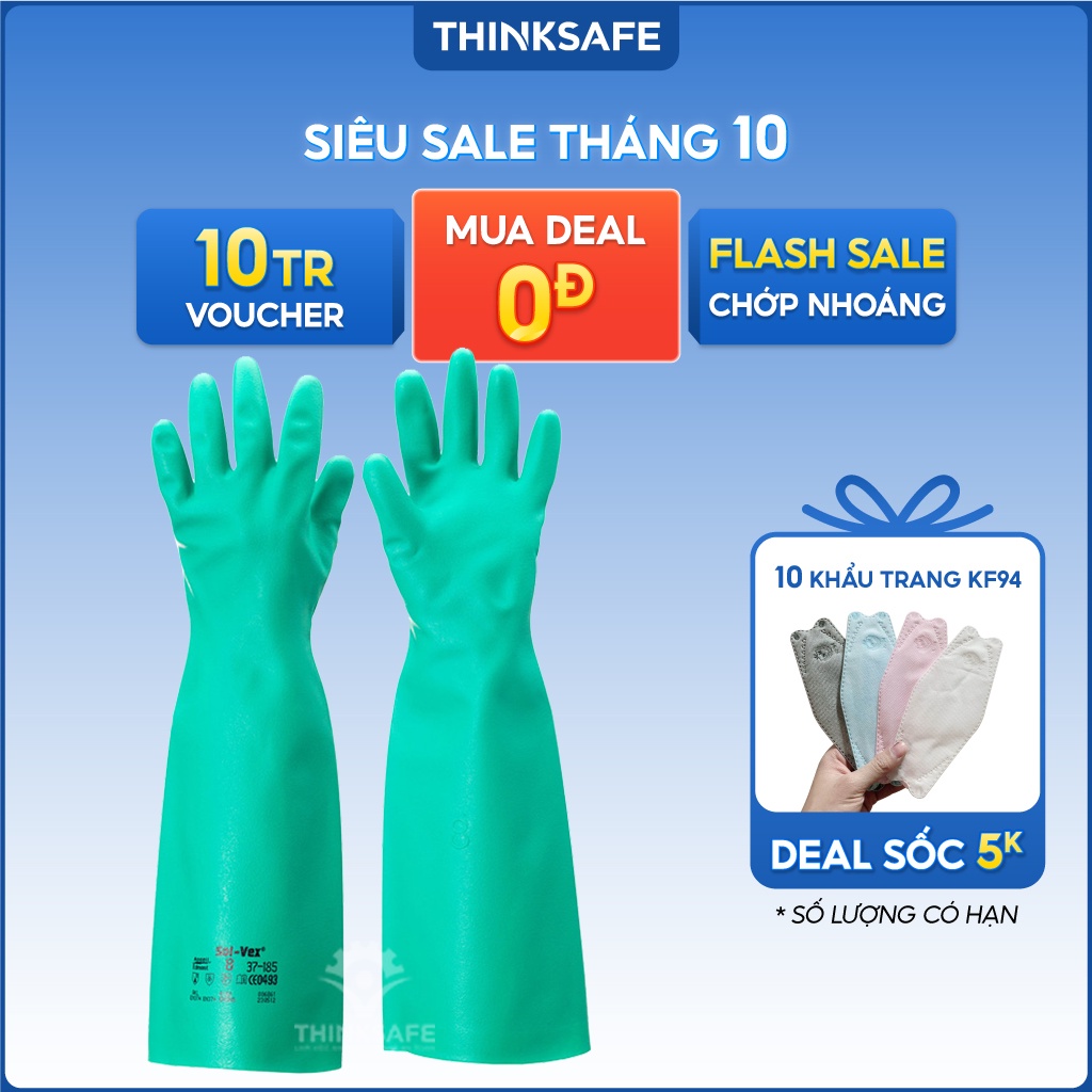 Găng cao su chống hóa chất Ansell 37-185, bao tay dài tới cánh tay, lao động và y tế, chống xăng dầu, tẩy rửa, đa dụng