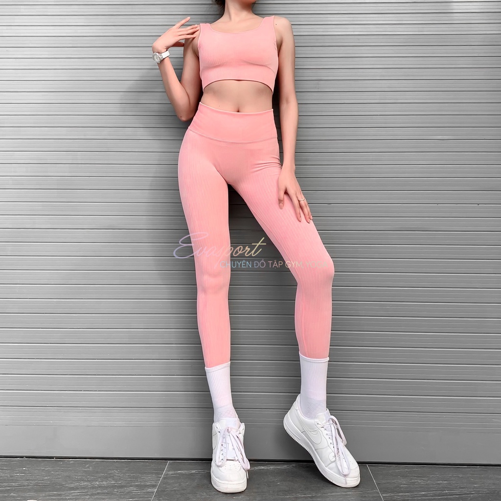 Set Bra Dệt Sọc Quần Dài Cap Cao Tập Gym Thể Thao Yoga Vải Dệt Kim Thấm Hút Mồ Hôi Co Giãn Tốt Phong Cách Thời Trang