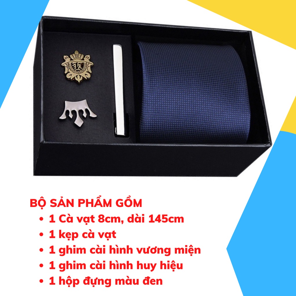 Set cà vạt bản to 8cm làm quà tặng cho Nam gồm cà vạt, kẹp cà vạt, ghim cài áo đóng hộp lịch sự CCV-14