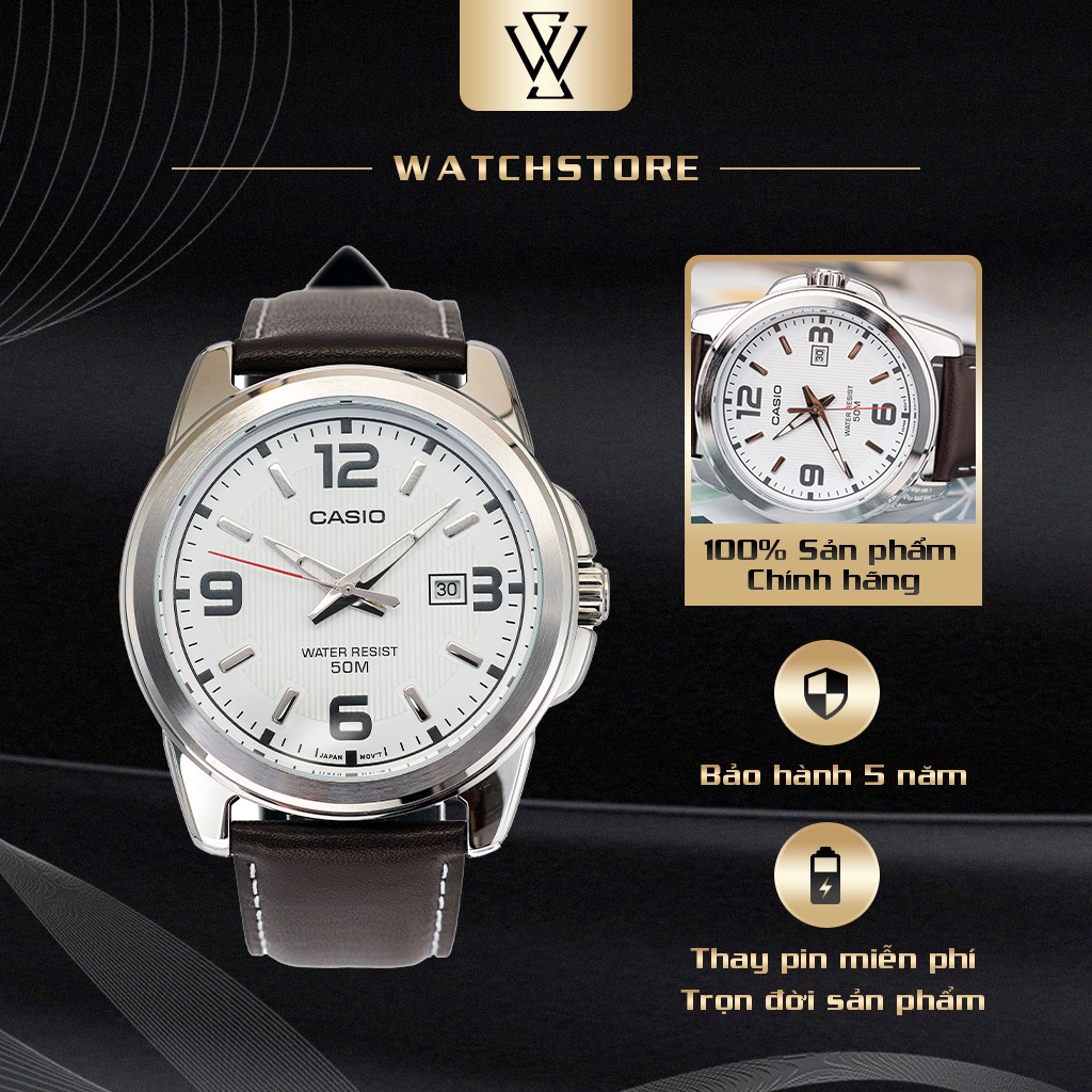 Đồng Hồ Điện Tử, Quartz Nam Casio WATCHSTORE MTP-1314L-7AVDF Thiết Kế Kính Khoáng 45mm, Dây Đeo Da Và Vỏ Thép Không Gỉ