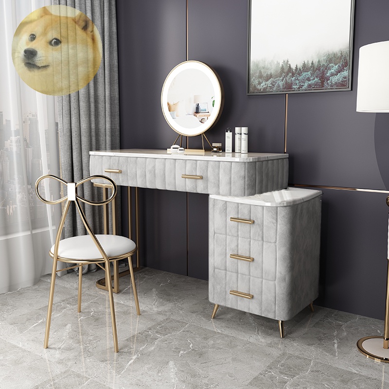 Bộ bàn ghế trang điểm: Bàn phấn đôi vuông mặt đá bọc ( NỈ, DA ) , chân tủ 3 ngăn + Ghế + Gương