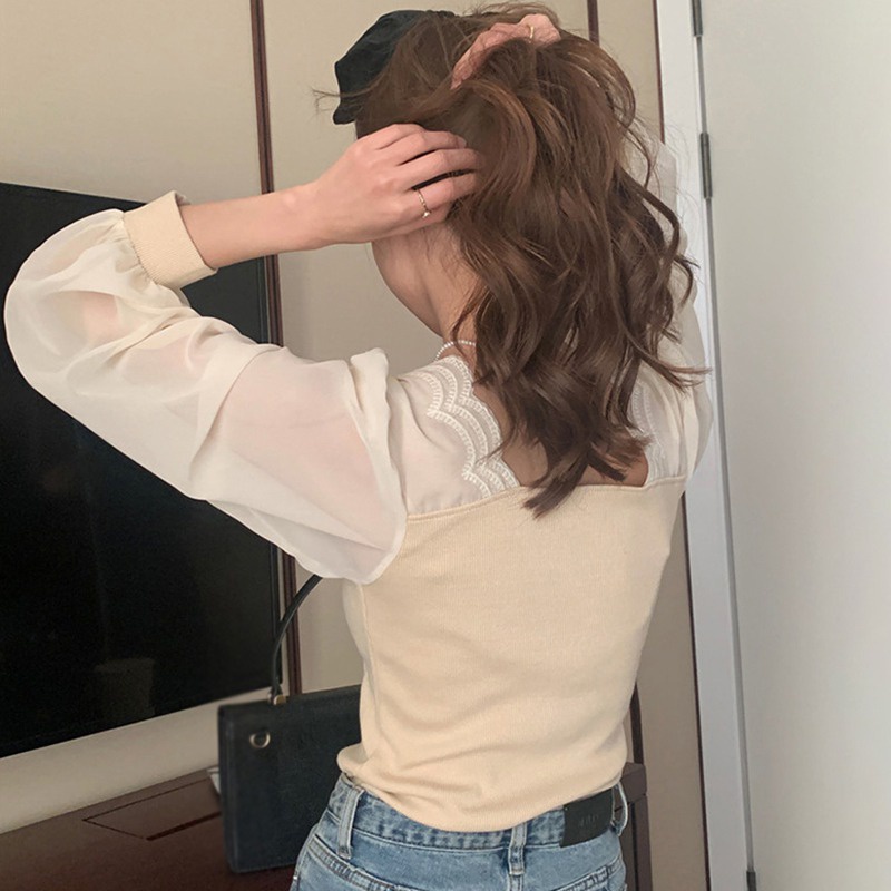 Áo Dệt Kim Chui Đầu Cổ Vuông Tay Dài Dáng Ôm Kiểu Hàn Quốc Xinh Xắn Cho Bạn Gái