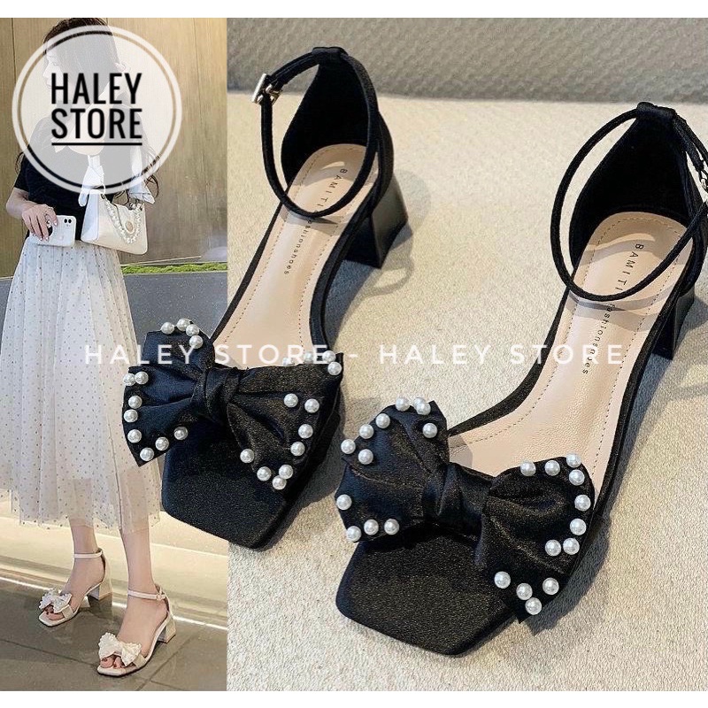 Giày sandal nữ HALEY STORE gót vuông cao 5cm dễ đi da lụa đính nơ ngọc đi chơi đi tiệc đi cưới cô dâu tiểu thư