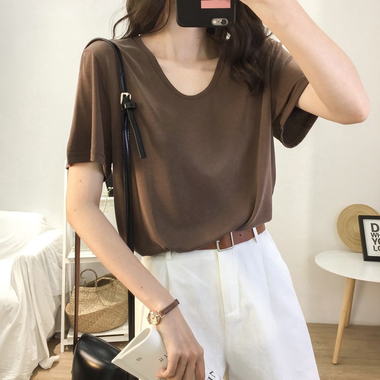 Áo thun nữ SUXI tay ngắn cổ chữ V màu trơn
