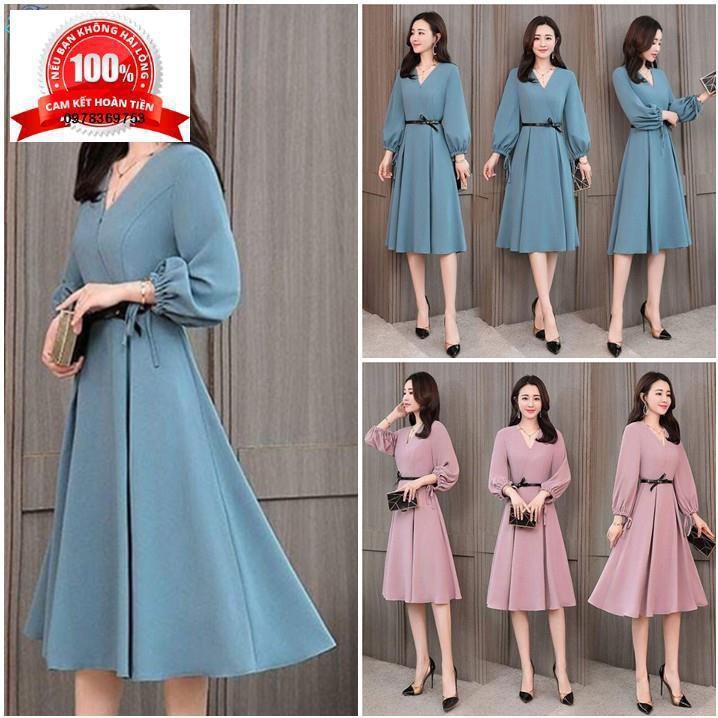 Đầm dự tiệc đầm Dáng Xòe Váy Nữ Xoè Cao Cấp Đi Tiệc Công Sở Dạo Phố Cổ V Tay Dài