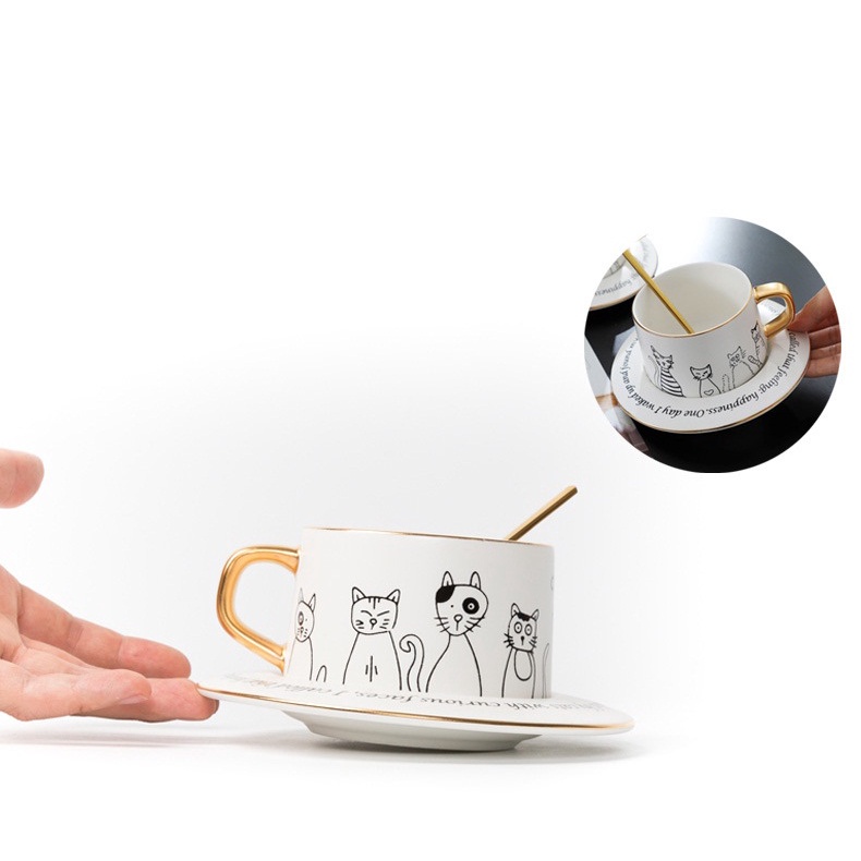 Set cốc sứ và đĩa uống cafe có kèm thìa in hình mèo 250ml