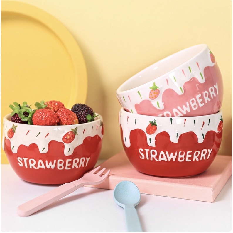 Bát cơm sứ hoạ tiết dâu tây màu sắc siêu yêu chụp ảnh xịn xò