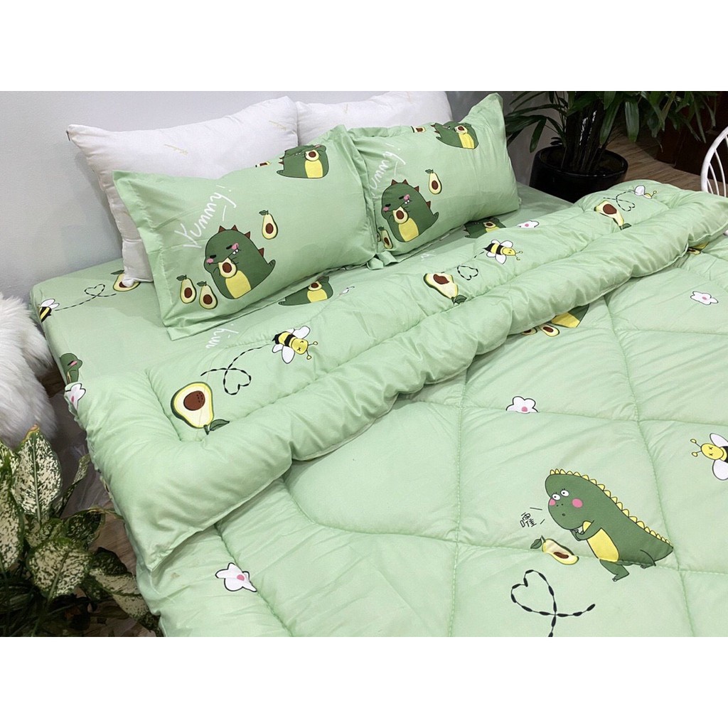 Bộ chăn phao ga gối poly cotton MẪU - khủng long ăn bơ