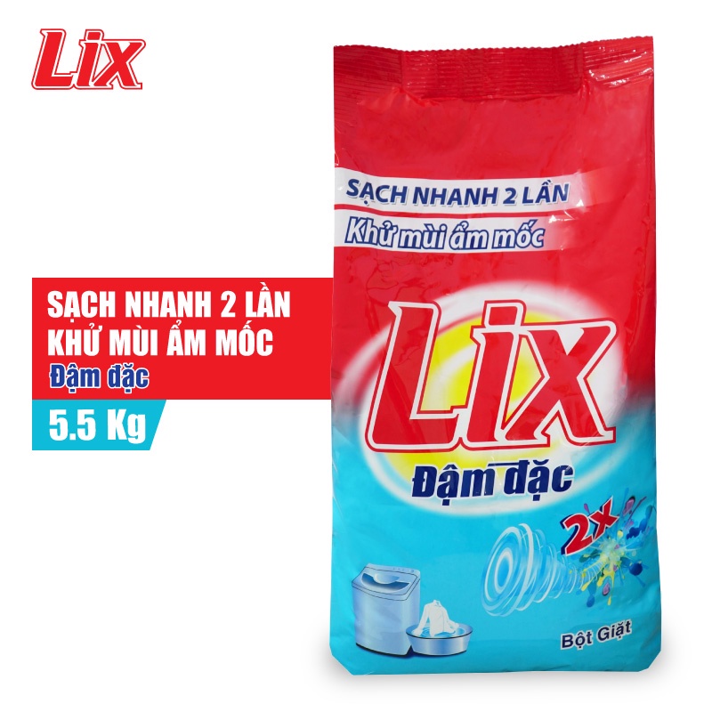 Bột giặt Lix Extra đậm đặc 5,5Kg ED557 gấp đôi sức mạnh làm sạch mọi vết bẩn, khử mùi ẩm mốc cho giặt tay và máy