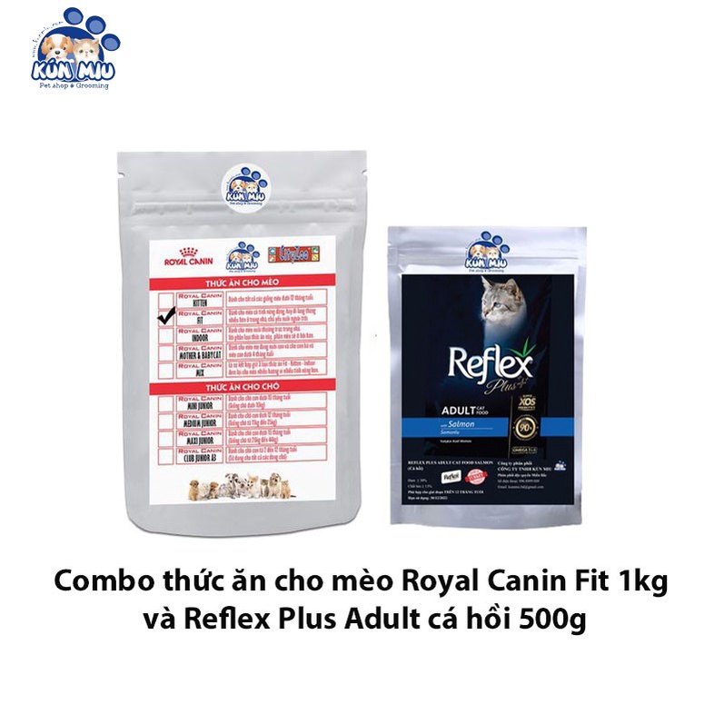 combo thức ăn cho mèo royal canin Fit 1kg và reflex plus adult cá hồi 500g