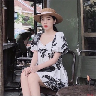 Váy tay bồng rúm ngực hoạ tiết hoa cúc đen