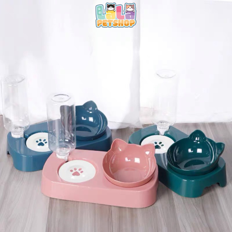 Bát Ăn Đôi Tai Mèo Cao Cấp Chống Gù , Vẹo Cột Sống Cho Thú Cưng Kèm Bình Nước Tự Động , LaLaPetShop